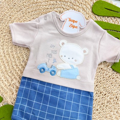 Kit 3 Peças - Bodys Manga Curta Um, Dois, Três e Já! - Azul Bebê, Areia e Off White